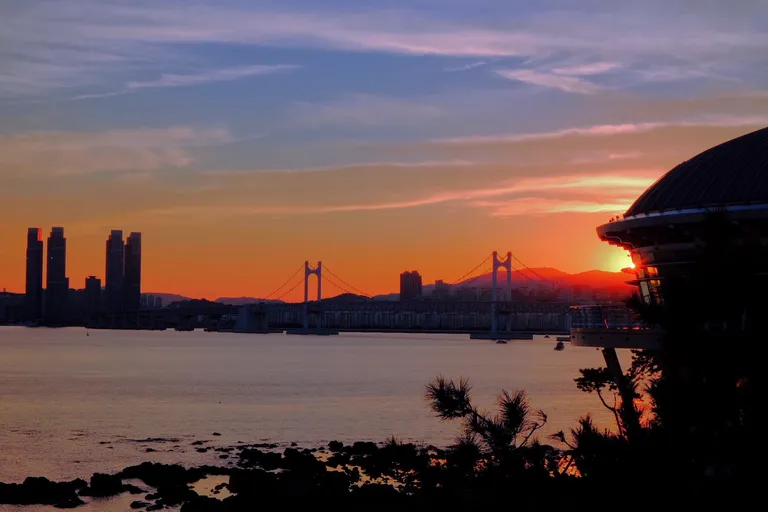 Nurimaru APEC House and the Busan coast from Dongbaekseom lighthouse